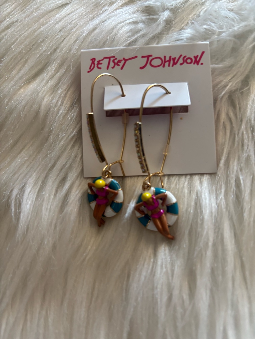 Betsey Johnson Gold Hoop Earrings with Turquoise, Pink & Yellow Lifesaver Charms